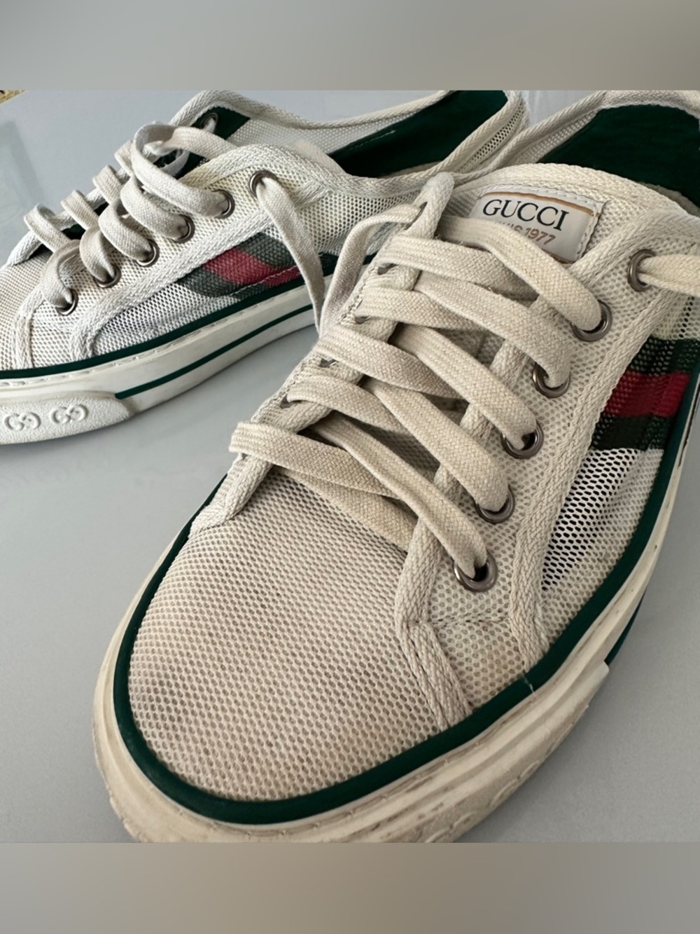 Gucci Tennis 1977 Web Mystic Off-White Mesh Sneakers Size 38 Low Top Shoes